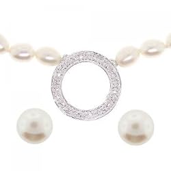 White Freshwater Pearl Circle of Life Necklace & Stud Earrings Set in Silver