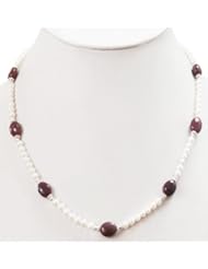 Beautiful Handcrafted Natural Fresh Water Pearl & Ruby Beaded Single Strand Necklace