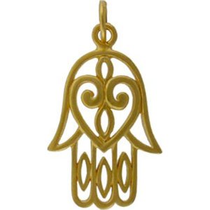 Filigree Design Hamsa Hand with Heart Pendant in Gold Vermeil, #8332