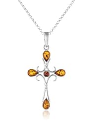 Sterling Silver Honey Amber Gothic Cross Pendant Necklace on Rolo Chain, 18"