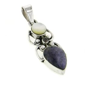 Genuine Russian Charoite, Mother of Pearl, and Amethyst Gemstone Sterling Silver Slide... by 
