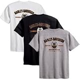 Harley Davidson Men's 105th Anniversary Logo Tee Shirt. 100% cotton 105th Anniversary crew-neck tee. Anniversary logo printed on the left chest and repeated in the large graphic on the back (shown in all three colors). Grey 96131-08VM; Black 96116-08VM; White 96117-08VM