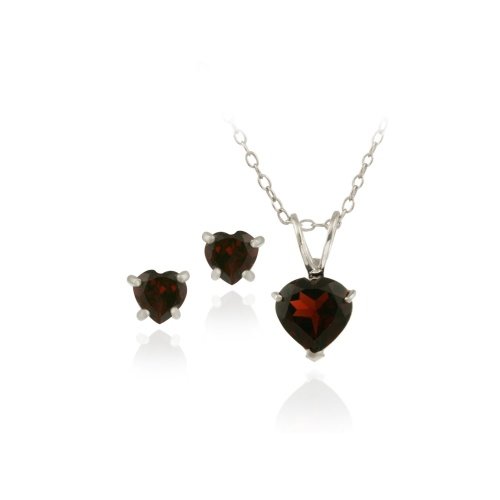 Sterling Silver 2.7ct TGW Garnet Heart Solitaire Pendant  Stud Earrings Set, 18"