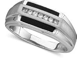 Mens Inlay Onyx and Diamond Channel Ring in 10K White Gold