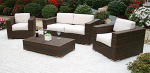 NOBLESSE Roma, Gartenmöbel Rattan 1 Sitzbank, 2 Sessel, 1 Tisch. dunkelbraun
