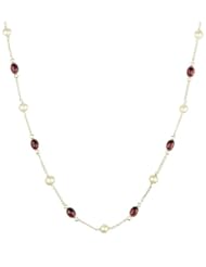 Sterling Silver Chain, Freshwater Pearl and 8 Station Garnet Cabochon Necklace