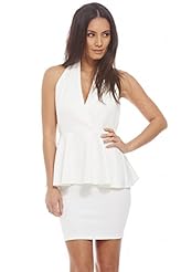 Sexy V-neck Halter Peplum Backless Elastane/Polyester Bodycon Dress/Party Dress/Midi Dress 