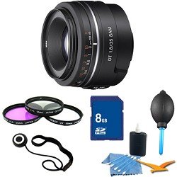 Sony SAL35F18 DT 35mm f/1.8 SAM Lens for Sony Alpha DSLR's Essentials Kit. Kit Includes Lens, Filter Kit, 8 GB Memory Card, 3 Pcs. Lens Cleaning Kit, Lens Cap Keeper, and Professional Blower / Dust Removal System.