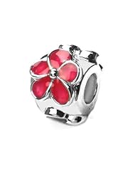 Best Gift for Holidays, Sterling Silver Cherry Blossom Charm Fuchsia Pink Enamel Flowers , Fits Pandora and All Brands Charm Bracelets and Necklaces.