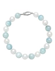 .925 Silver 8mm White Freshwater Pearl & Aquamarine Stone Bracelet 7.5"
