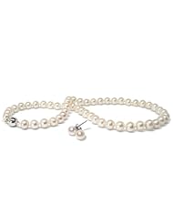 {Matched Set} Savannah Pearls 17-Inch Brilliant Luster 7.5-8.0mm White Cultured Freshwater Pearl Necklace & Pearl Stud Earrings Set (Sterling Silver)