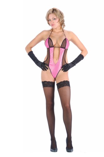 PCV and mesh deep v teddy with studded trim, bow tie applique and open back.