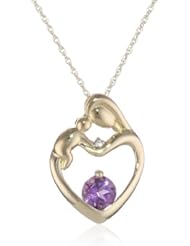 XPY 10k Yellow Gold Mother and Child Gemstone Heart Pendant Necklace with Diamond Accent, 18"