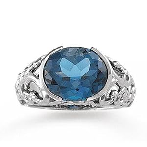 14k White Gold Oval Filigree London Blue Topaz Ring by 