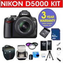 Nikon D5000 12.3 MP DX Digital SLR Camera with 18-55mm f/3.5-5.6G VR Lens and 2.7-inch Vari-angle LCD + High Capacity Li-Ion Battery + 4 GB Memory Card + 6 Piece Accessory Kit + Camera Holster Case + Multi-Coated Glass UV Filter + Multi-Coated Glass Polarizer Filter + 3 Year Warranty Repair Contract