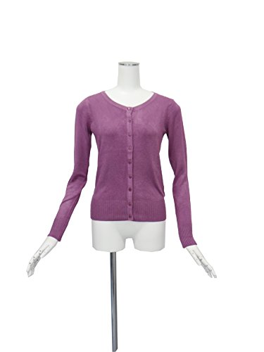 カーディガン パープル 紫 コットン丸首 シンプル カーディガン Mサイズ
