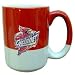 15 oz. 2-Tone Red/White Grande Coffee Mug with large handle. Colorful applique is approx 2 inches high.