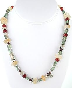 Colorful Citrine, Garnet Gemstone, Czech Glass and Swarovski Crystal Bead Necklace with Sterling Silver Lotus Flower Accent, 19" Length, #7892