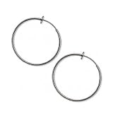 Antique Silver Tone Brass Big Spring-Closure Hoop Earrings Clip-on Hoop-Spring Clip Bangle Hoops, 35 mm with Pierced Look for Un-pierced Ears