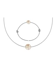 Les Poulettes Jewels - Necklace and Bracelet Set Pink Pearl 8-9 mm with Grey Color Wax Cord