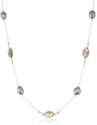 Silver Grey Baroque Freshwater Cultured Pearl and Labradorite Bezel Bead Gold over Silver Chain Necklace, 22"