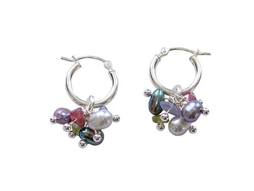 Lavender, Grey & Peacock Freshwater Pearls with Tourmaline, Tanzanite & Peridot on Sterling Hoop Earrings 1