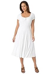 Plus Size Shirred Cap Sleeves Flared-Skirt Elasticized   Waistline Scoop Neck Peasant Dress  with a Brush/Sweep Train 