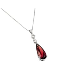 Rhodium Plated 925 Sterling Silver Teardrop Pear Cut Red Ruby Cubic Zirconia Designer Charm Pendant Necklace with 17"-18" Adjustable Link Chain