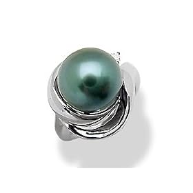 Tahitian Black Pearl Ring with Diamond in 14K White Gold by Maui Divers of Hawaii
