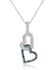 Sterling Silver Blue and White Diamond Double Heart Pendant Necklace (1/4 cttw, I-J Color, I3 Clarity), 18"