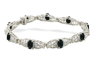 14K White Gold Genuine Oval Black Onyx and Diamond Bracelet