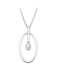 Sterling Silver Oval Pendant with 9mm White Freshwater Pearl Drop and Light Blue String Necklace
