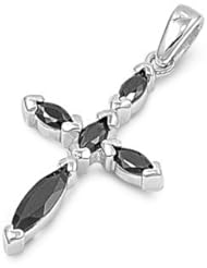 Sterling Silver Black CZ Cross Pendant Polished Unique Charm Pure 925 New 26mm with 1mm Ball Bead Chain
