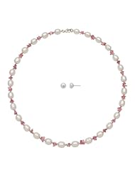 6-7 mm White Freshwater Pearl and Pink Tourmaline Necklace with Stud Earring Set, Free Shipping and Gift Box