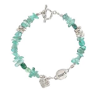 Apatite Gemstone Beaded Toggle Bracelet with Sterling Silver Dangling Heart Charms and Heart Word Charm, 7" in length, #7912