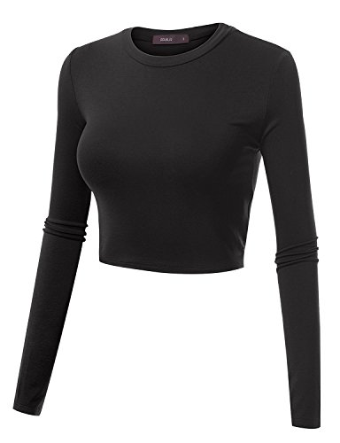 Doublju Womens Basic Long Sleeve Crop Top BLACK SMALL