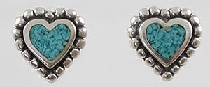 Southwestern Chip Inlay Turquoise Heart Stud Earrings with Bead Design Edges in Sterling Silver, #2518