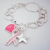 Silver Link Pink Ribbon Breast Cancer Awareness Bracelet