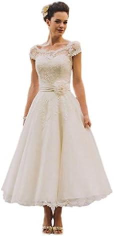 Fashionbridal Women's Cap Sleeves Appliques Tea Length Short Bridal Wedding Dresses White 14