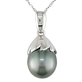 14K White Gold 9-10mm Black Tahitian Pearl Drop Pendant by Amour