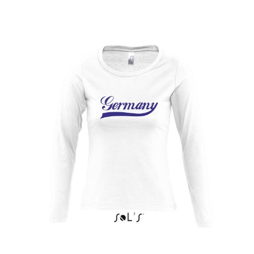 Deutschland Oldschool Germany LÄNDERSHIRT EM / WM FAN Trikot – Damen Langarm Longsleeve T-Shirt S-XL , White – blau , M