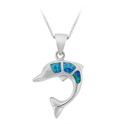 Sterling Silver Created Blue Opal Inlay Dolphin Pendant , 18"