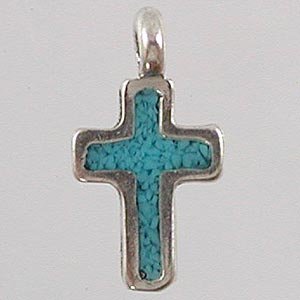 Turquoise Chip Inlay Cross Charm in Sterling Silver, #2510