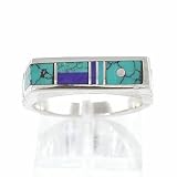 Turquoise and Lapis Inlaid Ray Tracey Ring in Sterling Silver, Size 8, #8592