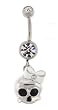 Stainless Steel Belly Ring with Clear Crystals - Dangling Baby Skull with White Ribbon