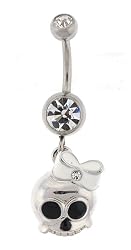 Stainless Steel Belly Ring with Clear Crystals - Dangling Baby Skull with White Ribbon