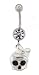 Stainless Steel Belly Ring with Clear Crystals - Dangling Baby Skull with White Ribbon