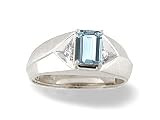 14K White Gold Genuine Emerald-cut Aquamarine and Diamond Men's Ring