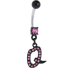 Black Anodized PINK Jeweled Initial Belly Ring-LETTER "Q" by 