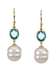 Jewelplus Freshwater Cultured Circle Pearl & Genuine London Blue Topaz Earrings 14K Yellow Pair 11.00-12.00Mm Cir/9X7mm